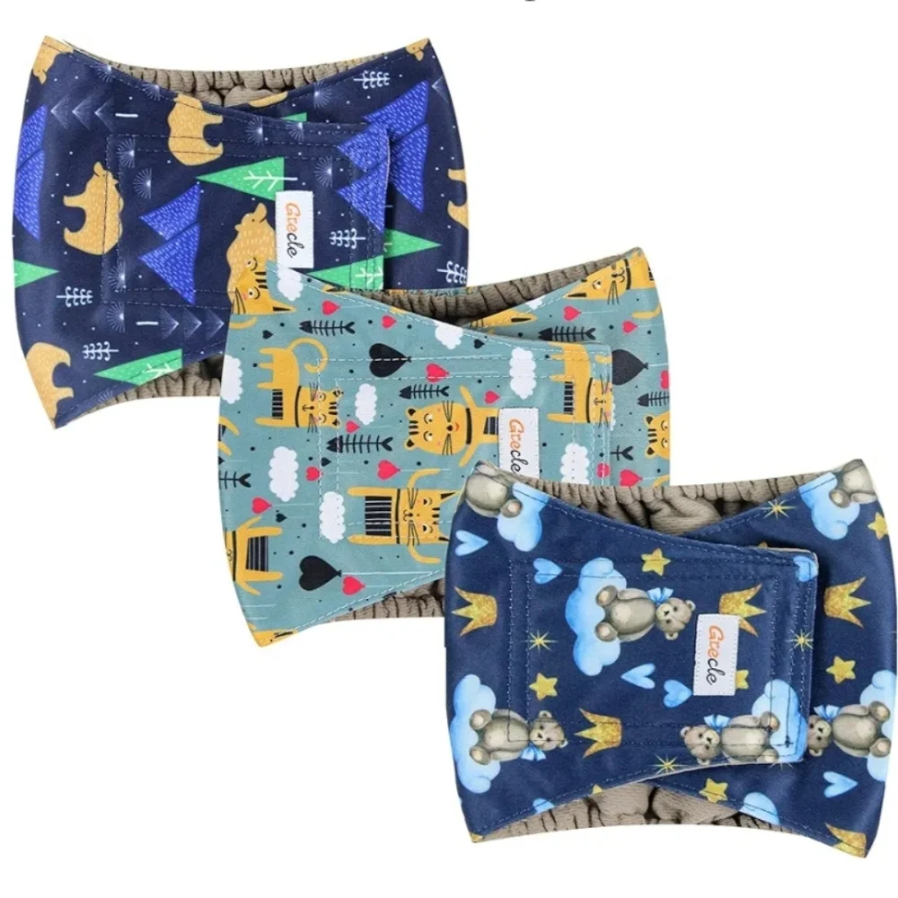 Grecle 3pk Washable Male Dog Diapers In the Pattern Bear Size L